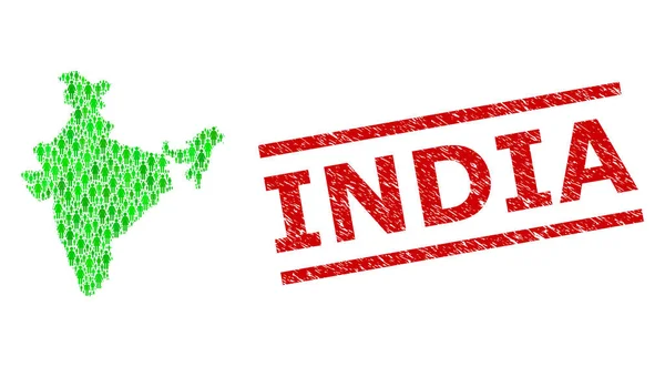 Grunge India Francobollo Stampa e verde Persone e Dollaro Mosaico Mappa di India — Vettoriale Stock