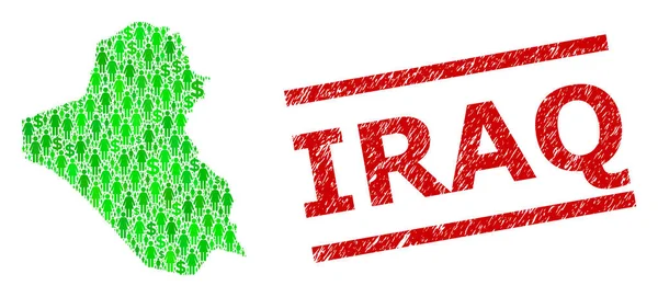 Texturierte Irak-Briefmarken-Imitation und Grüne Männer und Dollar-Mosaik-Landkarte des Irak — Stockvektor