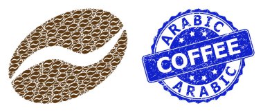 Arap kahvesi yuvarlak fok desenli ve vektör özyineli kakao çekirdeği. Mavi mühür, içinde yuvarlak şekilli Arapça kahve başlığı içeriyor. Vektör kolajı kakao fasulyesi ikonlarının tekrarı ile yapılır.