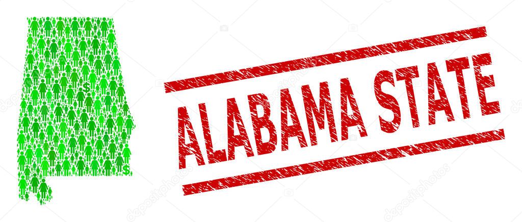 Distress Alabama State Stamp Imitation and Green People and Dollar Mosaic Map of Alabama State