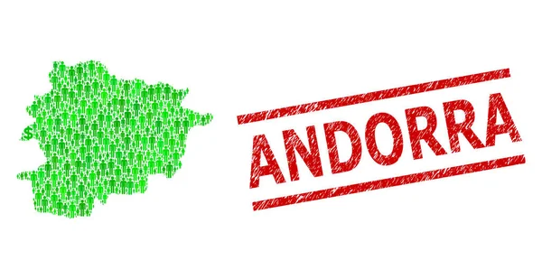 Sello de Andorra arañado y Hombres Verdes y Dólar Mosaico Mapa de Andorra — Vector de stock