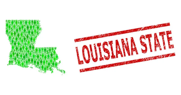 Texturizado Louisiana State Stamp Imitación y Hombres Verdes y Dólar Mosaico Mapa de Louisiana State — Vector de stock