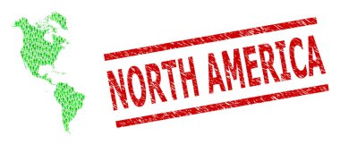 Grunge Kuzey Amerika Mühür ve Yeşil Müşteriler ve Güney ve Kuzey Amerika Doları Mozaik Haritası