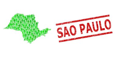 Distress Sao Paulo Watermark and Green Customers and Dollar Mosaic Map of Sao Paulo State clipart