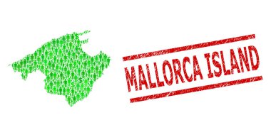 Grunge Mallorca Adası Mühür Mührü ve Yeşil Adamlar ve Mayorka Doları Mozaik Haritası