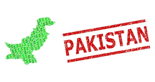 Not Pakistan Briefmarken-Imitat und Grüne Männer und Dollar-Mosaik-Karte von Pakistan — Stockvektor