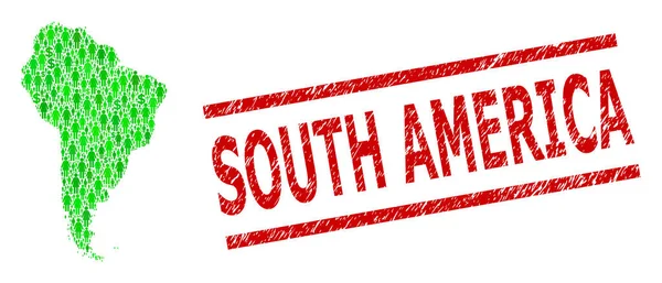 南アメリカの遭難切手シールと緑の人々とドルモザイク地図南アメリカ — ストックベクタ