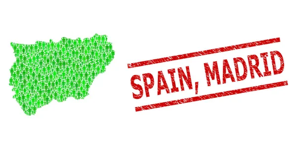 Scratched Spain, Madrid Stamp and Green Men and Dollar Mosaic Mapa de la provincia de Jaén — Vector de stock