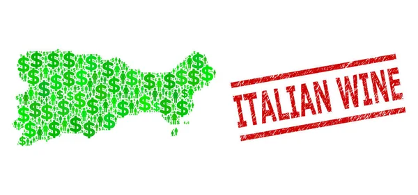 Seenot italienische Weinmarke und Grüne Männer und Dollar-Mosaik-Landkarte der Insel Capri — Stockvektor