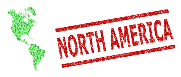 Grunge Kuzey Amerika Mühür ve Yeşil Müşteriler ve Güney ve Kuzey Amerika Doları Mozaik Haritası