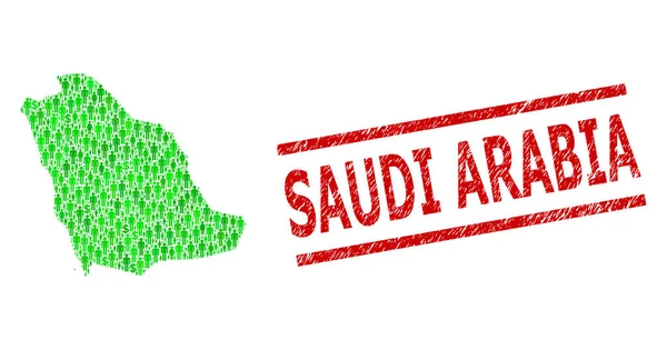 Kazınmış Suudi Arabistan Mühür ve Yeşil Adamlar ve Suudi Arabistan Doları Mozaik Haritası — Stok Vektör