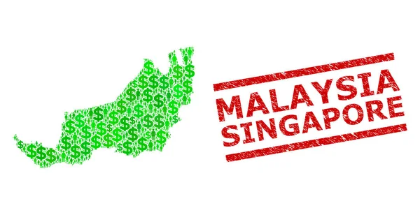 Seenot Malaysia Singapur Briefmarkensiegel und Grüne Menschen und Dollar-Mosaik-Karte von Sarawak — Stockvektor