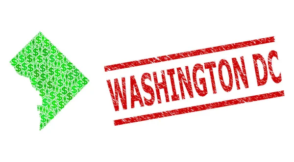 Getextureerde Washington DC Stempel en Groene Mensen en Dollar Mozaïek Kaart van Washington DC — Stockvector