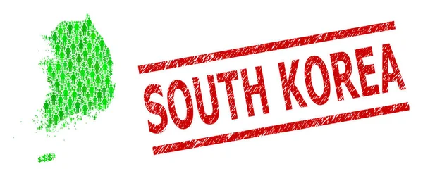 Getextureerde Zuid-Korea Stempel en Groene Mannen en Dollar Mozaïek Kaart van Zuid-Korea — Stockvector