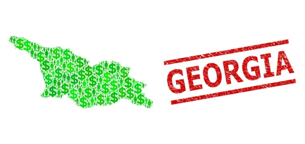 Texturované gruzínské razítko a zelené muže a mozaika dolaru Mapa Gruzie — Stockový vektor
