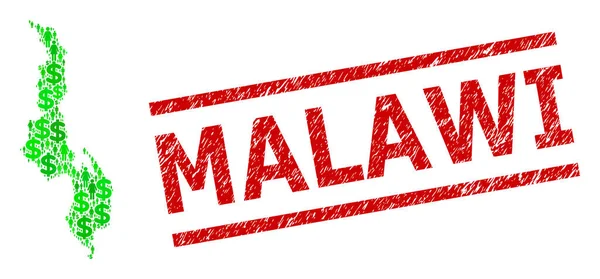 Grunge Malawi Mühür ve Yeşil İnsanlar ve Dolar Mozaik Malawi Haritası