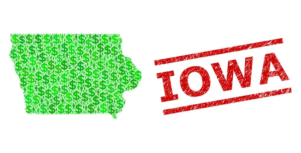 Zerkratztes Iowa-Siegel und grüne Kunden und Dollar-Mosaik-Karte des Bundesstaates Iowa — Stockvektor