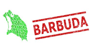 Dokulu Barbuda Damgası ve Yeşil Müşteriler ve Barbuda Adası Dolarlık Mozaik Haritası