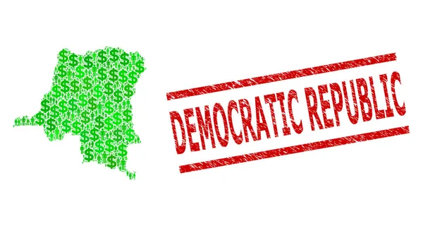 Grunge República Democrática selo e verde Clientes e dólar Mosaic Mapa da República Democrática do Congo —  Vetores de Stock