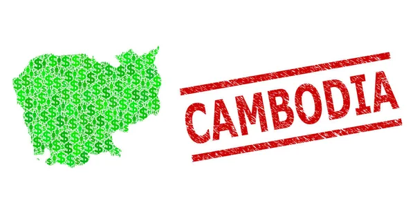 Getextureerde Cambodja Stempel afdrukken en groene klanten en Dollar Mozaïek Kaart van Cambodja — Stockvector