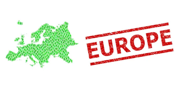 Scratched Europe Stamp Imitation and Green Customers and Dollar Mosaic Map of Europe — стоковий вектор