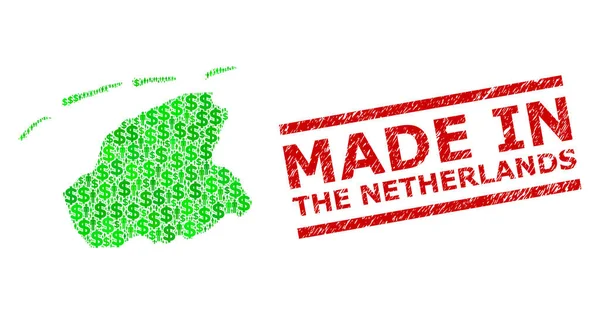 Textured Made in the Netherlands Stamp Print och Green Men and Dollar Mosaic Karta över Friesland — Stock vektor