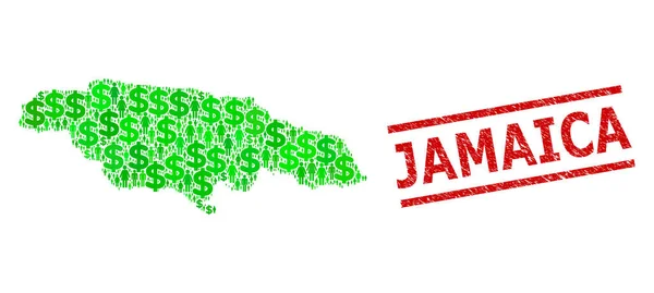 Distress Jamaica Stämpel Seal och gröna kunder och Dollar Mosaic Karta över Jamaica — Stock vektor