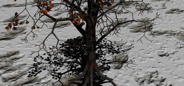  Sonbahar kapak tasarımı. Dijital 3d illüstrasyon. Yapraksız ağaç yaprakları karşı donmuş toprak ile.