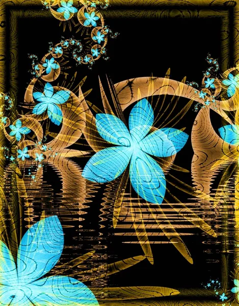 Computer generated 3D fractal.Digital design.Beautiful flower card with water reflection effect.Colorful cover design.