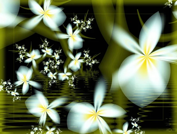 Digitale Fractal Ontwerp Bloemplaat Witte Bloemen Met Een Geel Midden — Stockfoto