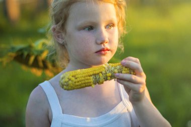 Elleri açık havada, batan güneşin ışığı ile Mısır ile şirin kız yeşil çim. Tarımsal ürün, Mısır.