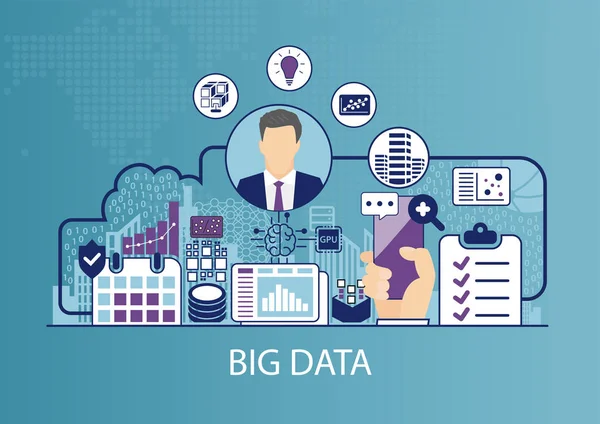 Stordata Vektorillustration Med Affärsman Och Ikoner — Stock vektor