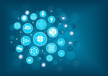 Kuantum vektör çizim dijital yenilik için örnek olarak bilgisayar. Ampul düzenlenmiş simgelerle