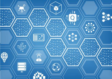 Kuantum bilgisayar vektör çizim Altıgen şekil ve simgeler ile mavi arka plan üzerinde