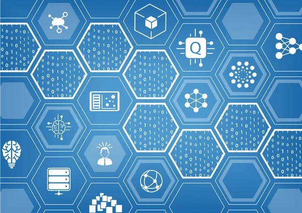 Kuantum bilgisayar vektör çizim Altıgen şekil ve simgeler ile mavi arka plan üzerinde