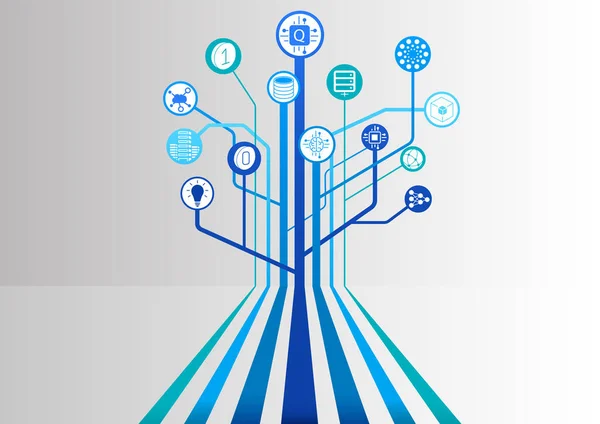 Quantencomputervektorillustration Mit Symbolen Und Baumstruktur Die Sich Verzweigen — Stockvektor