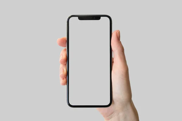 Hand Met Omlijsting Vrije Frameless Moderne Smartphone Voor Neutrale Achtergrond — Stockfoto