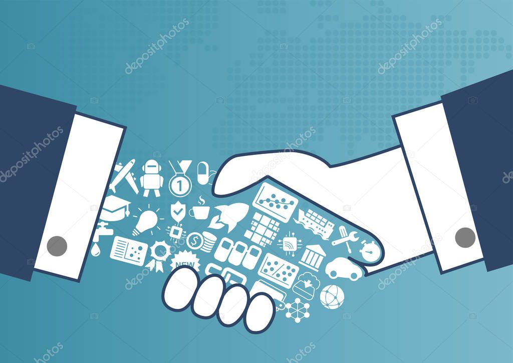 Digital enabled global trade concept with illustration of handshake between business men. 