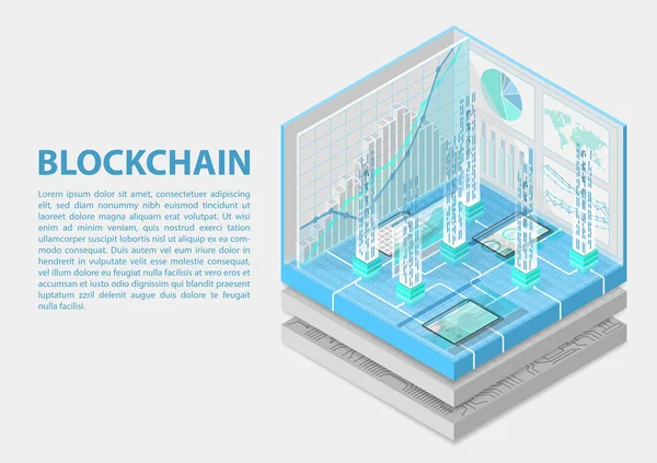 Illustrazione Vettoriale Isometrica Blockchain Infografica Astratta Argomenti Correlati Alla Blockchain — Vettoriale Stock