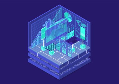 Gelişmiş Analytics izometrik vektör çizim. Mobil aygıtlar ve veri kontrol panelleri ile Soyut 3d Infographic