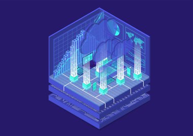 Cloud computing izometrik vektör çizim. Mobil cihazlar ile Soyut 3d Infographic