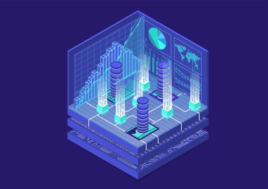 Bitoin izometrik vektör çizim. Finans Teknolojileri için Soyut 3d Infographic