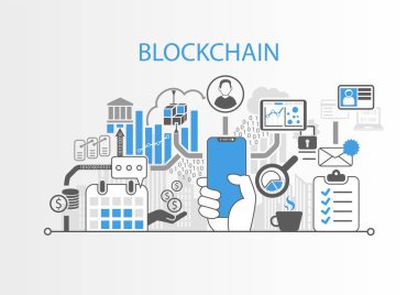 Blockchain kavramı modern çerçeve bedava akıllı telefonu tutan el ile