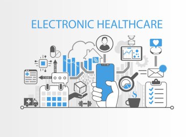 Modern çerçeve bedava akıllı telefonu tutan el ile elektronik sağlık kavramı