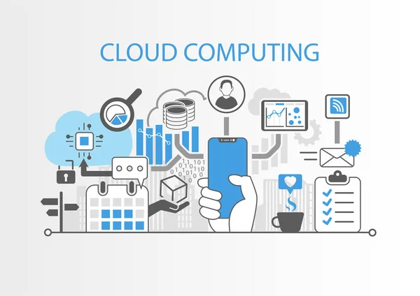 Concept Cloud Computing Avec Main Tenant Lunette Moderne Téléphone Intelligent — Image vectorielle