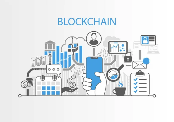 Blockchain Concept Met Hand Met Moderne Omlijsting Gratis Slimme Telefoon — Stockvector