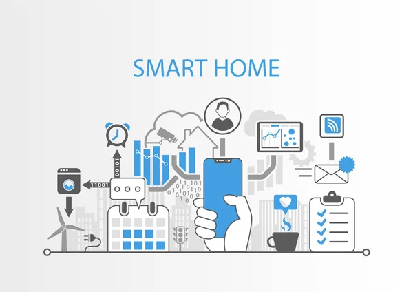 Smart Home Concept Hand Holding Modern Bezel Free Smarphone — стоковый вектор