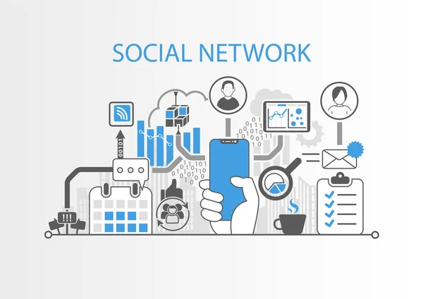 Concetto Social Network Con Mano Moderna Lunetta Smartphone Gratuito — Vettoriale Stock