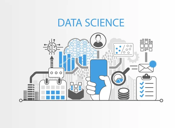 Data Science Konzept Mit Hand Hält Modernes Lünettenfreies Smartphone — Stockvektor