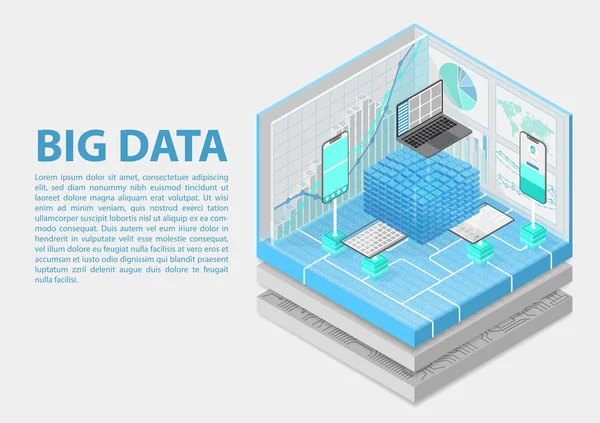 Big Data Analytics Concept Met Digitale Gegevenskubus Als Isometrische Vectorillustratie — Stockvector